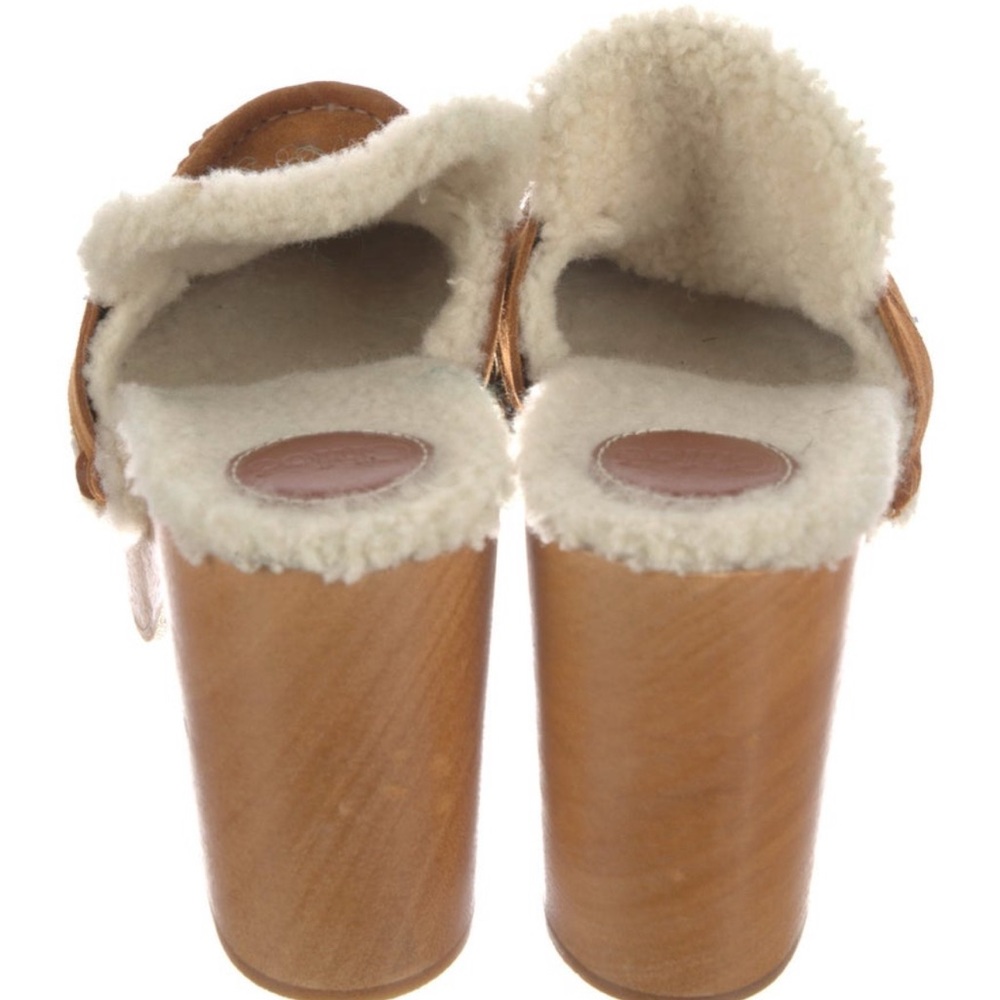 Chloe Tan Suede Shearling-Trim Clog Mules - Picture 4 of 5